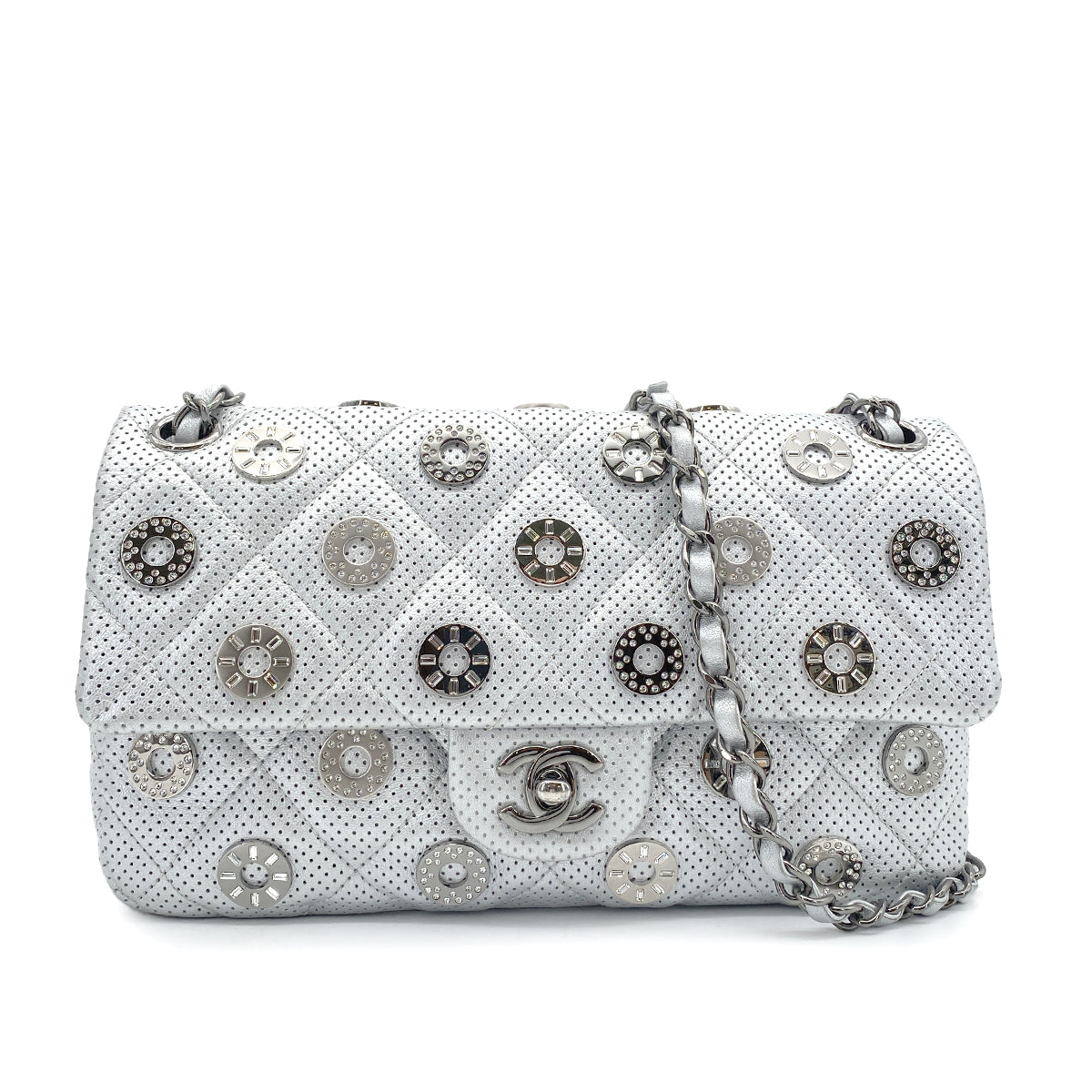 CHANEL MATELASSE CHAIN SHOULDER BAG PUNCHING SILVER LEATHER 90263632