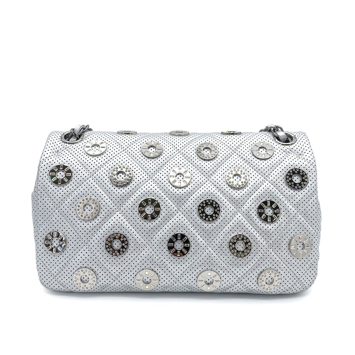 CHANEL MATELASSE CHAIN SHOULDER BAG PUNCHING SILVER LEATHER 90263632