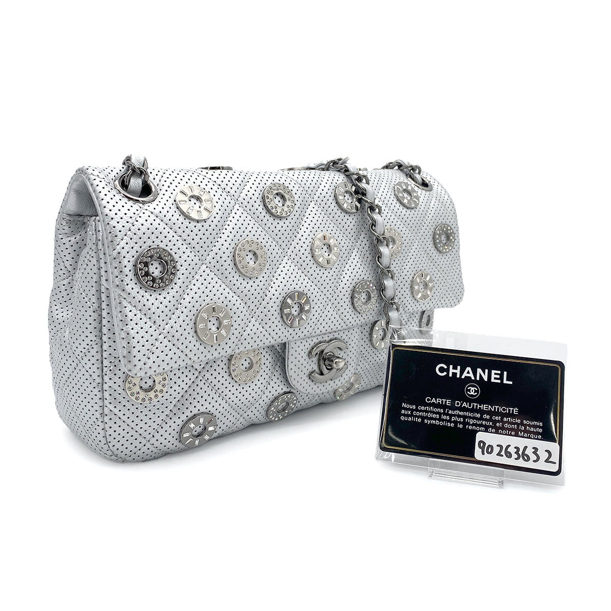 CHANEL MATELASSE CHAIN SHOULDER BAG PUNCHING SILVER LEATHER 90263632