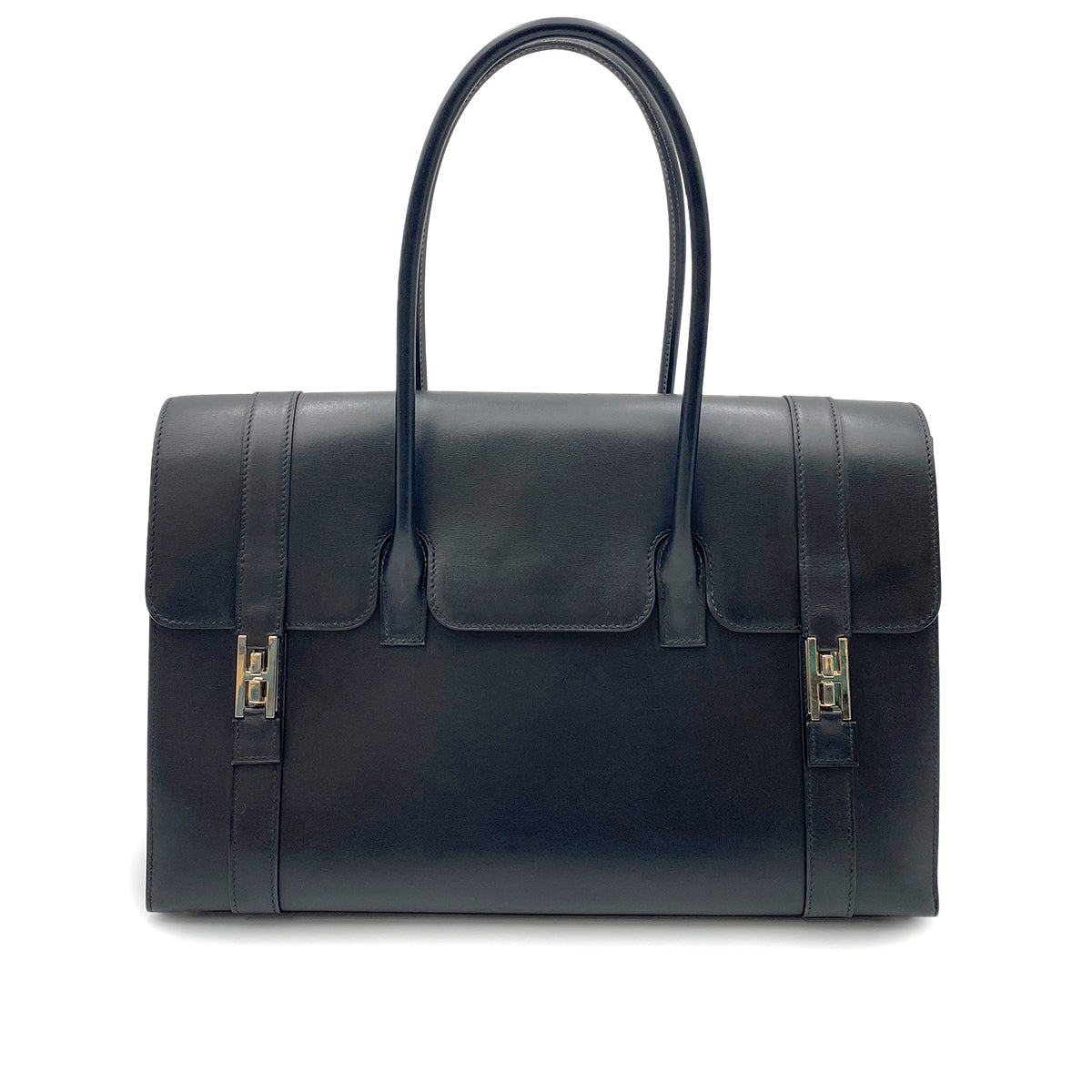 HERMES DRUG2 37 BLACK BOX CALF HAND BAG □O SHW 90264347
