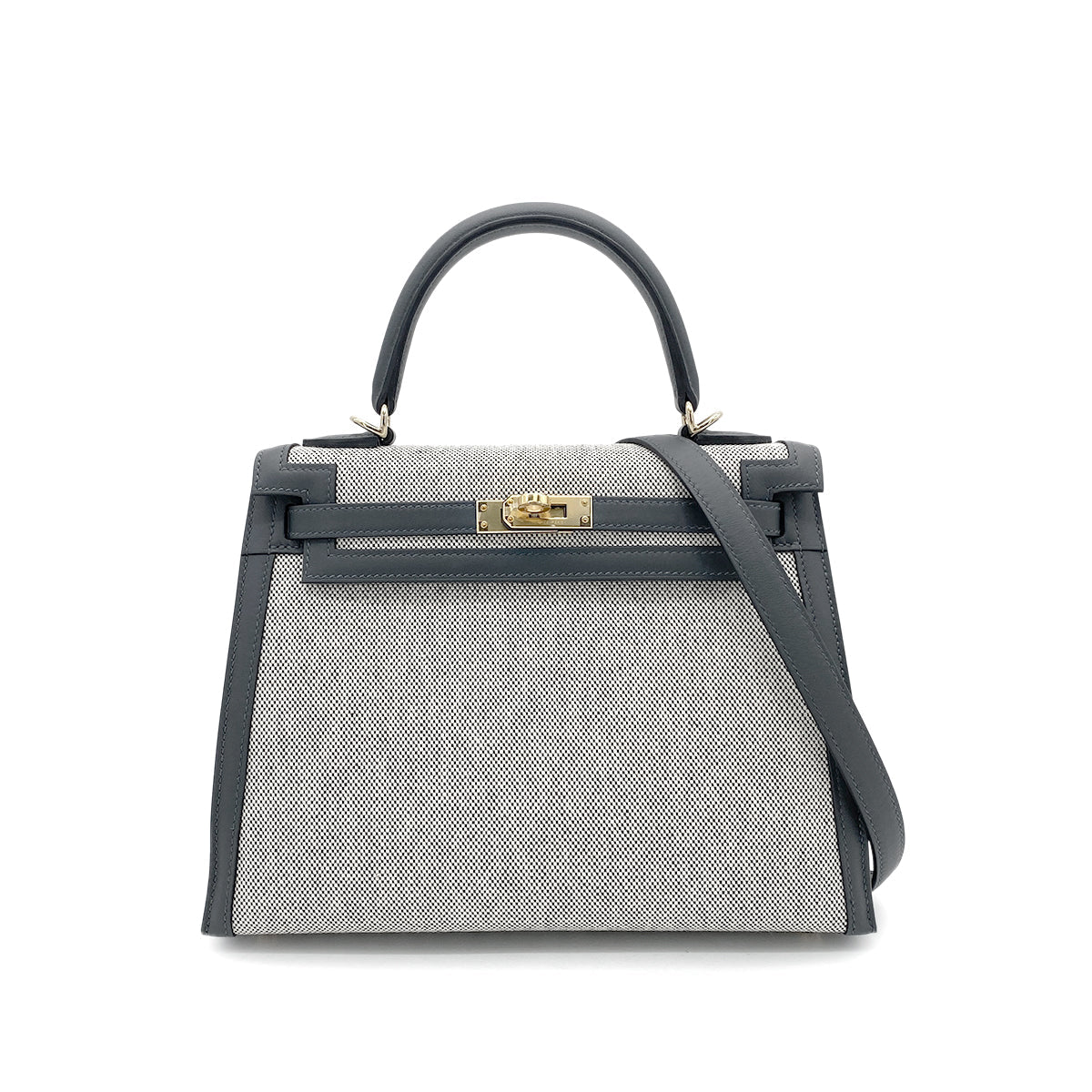 HERMES KELLY 25 SELLIER GRIS MISTY SWIFT TOILE H HAND SHOULDER BAG W GHW 90264530