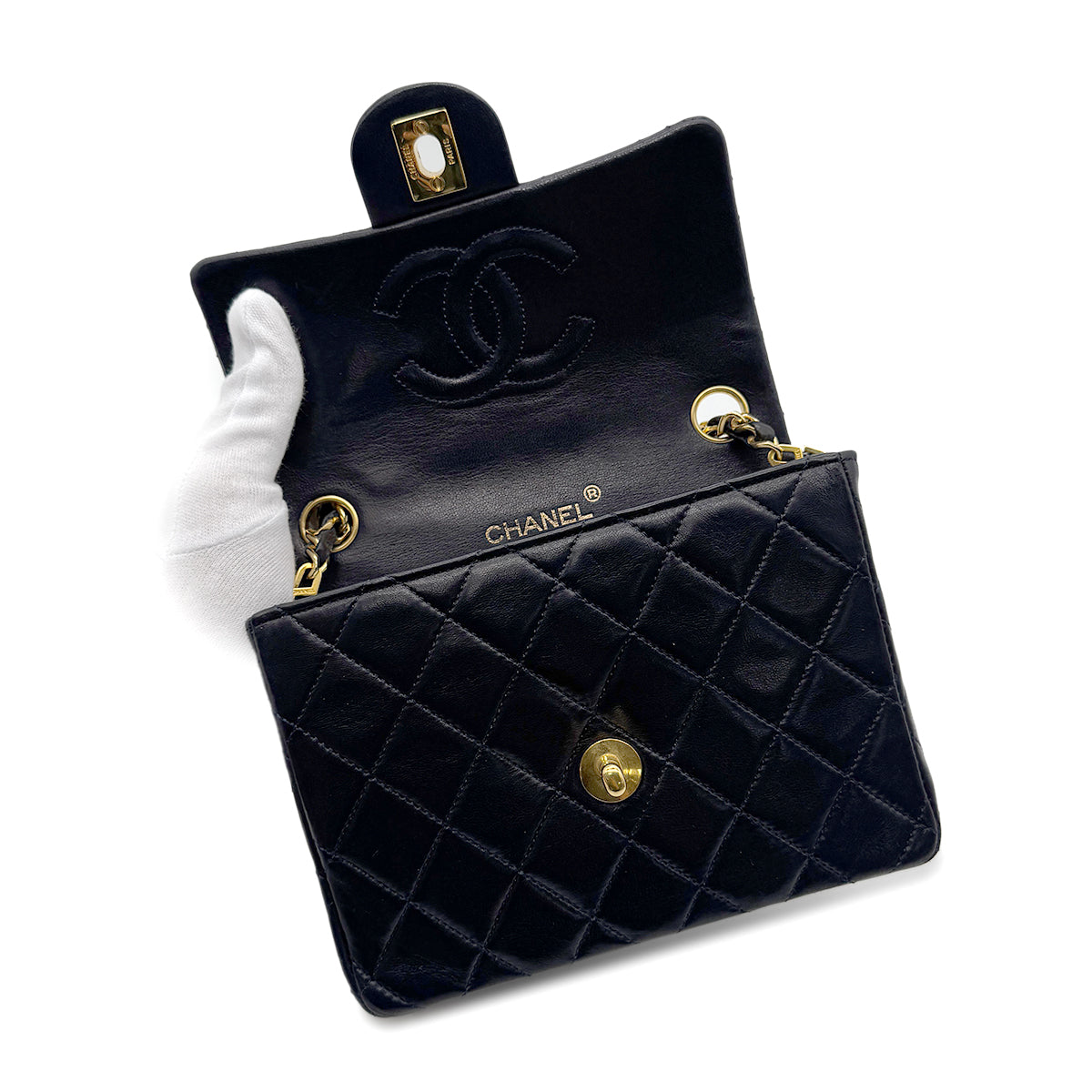 CHANEL VINTAGE MINI SQUARE 17 CHAIN SHOULDER BAG NAVY LAMB SKIN 90265307