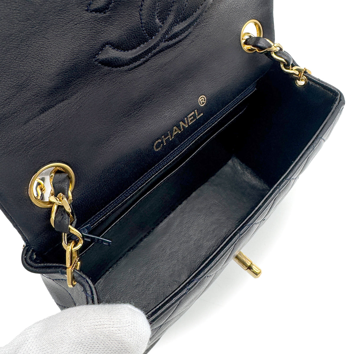 CHANEL VINTAGE MINI SQUARE 17 CHAIN SHOULDER BAG NAVY LAMB SKIN 90265307