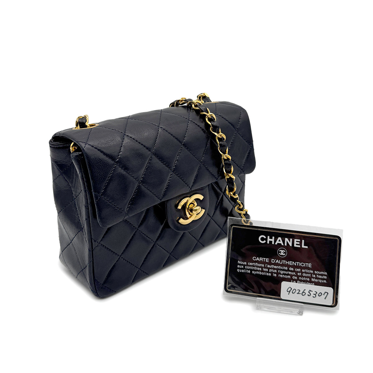 CHANEL VINTAGE MINI SQUARE 17 CHAIN SHOULDER BAG NAVY LAMB SKIN 90265307