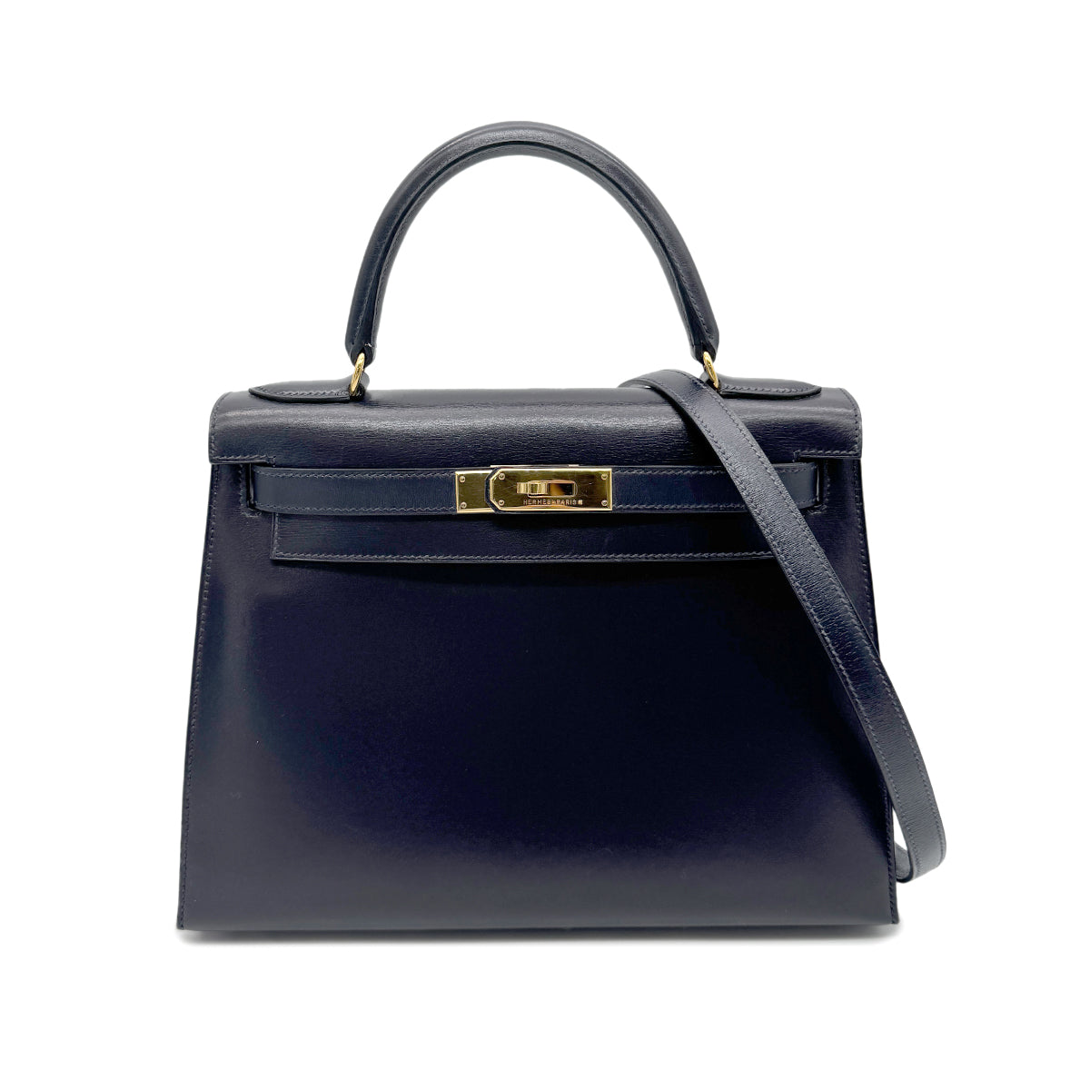 HERMES KELLY 28 SELLIER BLUE INDIGO BOX CALF HAND BAG □B GHW 90265331