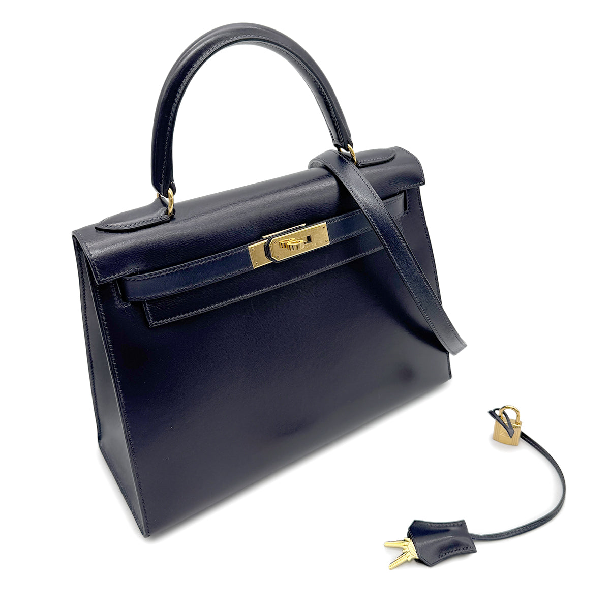 HERMES KELLY 28 SELLIER BLUE INDIGO BOX CALF HAND BAG □B GHW 90265331