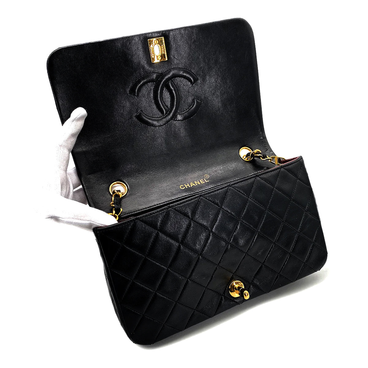 CHANEL VINTAGE FULL FLAP CHAIN SHOULDER BAG BLACK LAMB SKIN 90269094