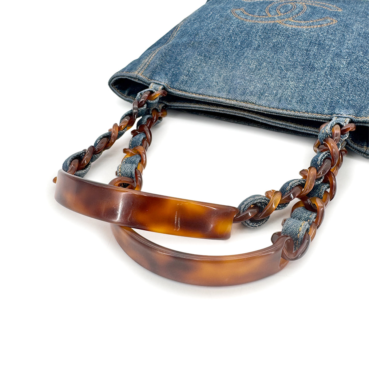 CHANEL VINTAGE DENIM BIG COCO TORTOISESHELL HANDLE CHAIN TOTE BAG 90269835