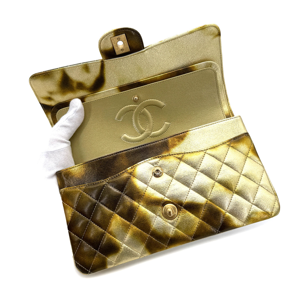 CHANEL CLASSIC DOUBLE FLAP MEDIUM CHAIN SHOULDER BAG METALLIC GOLD 90269841