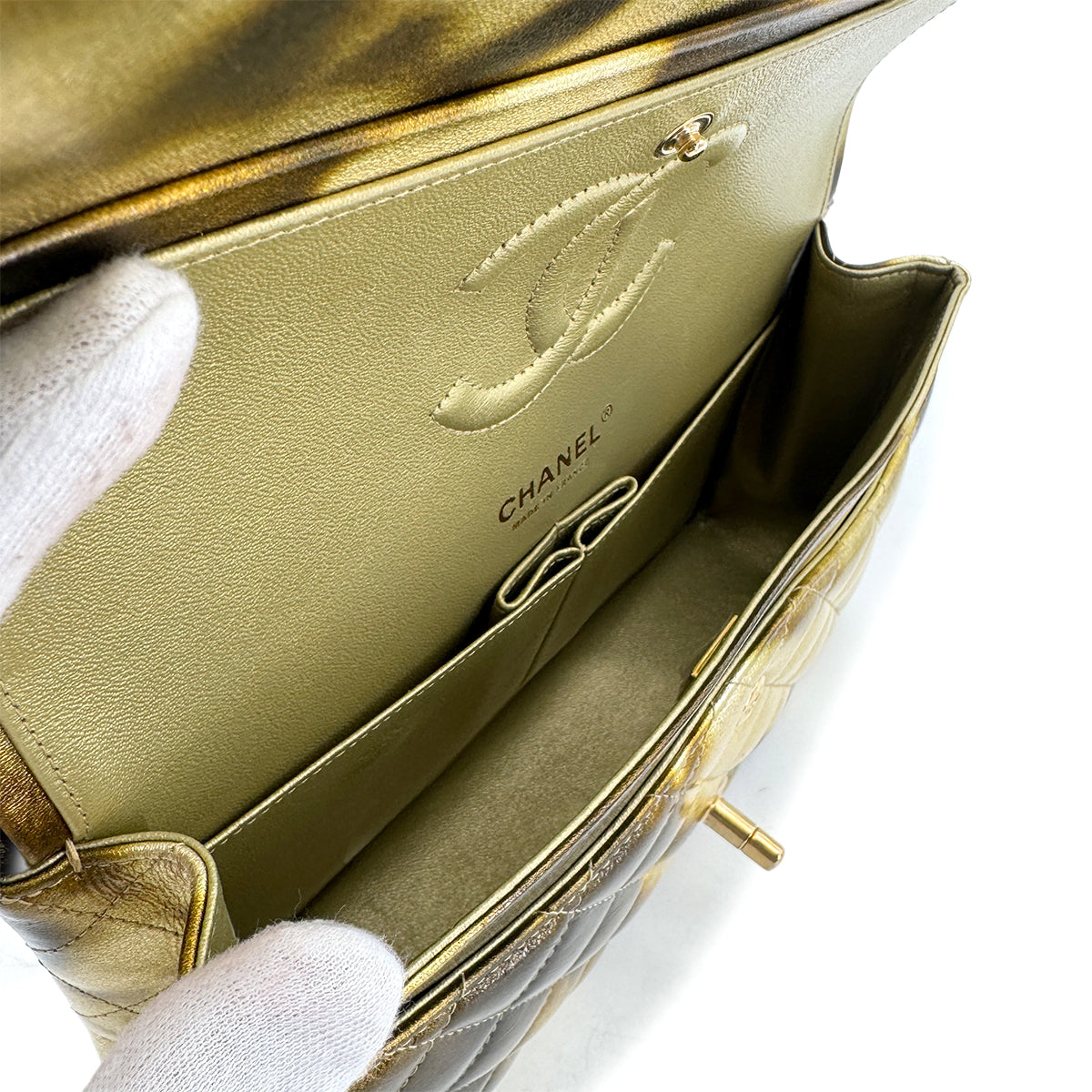 CHANEL CLASSIC DOUBLE FLAP MEDIUM CHAIN SHOULDER BAG METALLIC GOLD 90269841