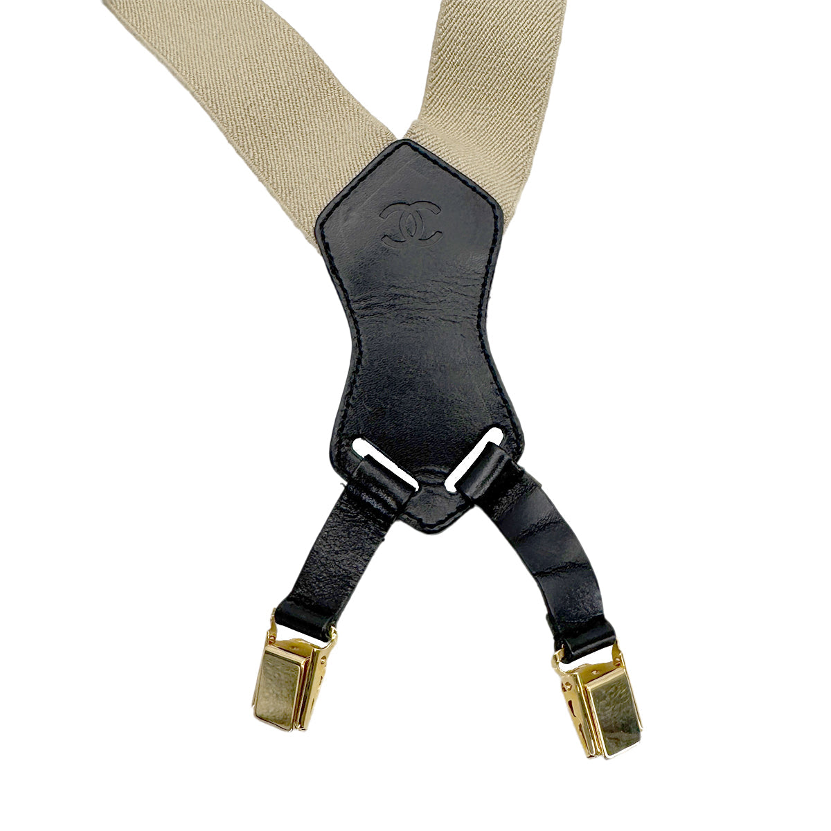 CHANEL VINTAGE SUSPENDER LOGO BEIGE BLACK CANVAS LEATHER 90270873