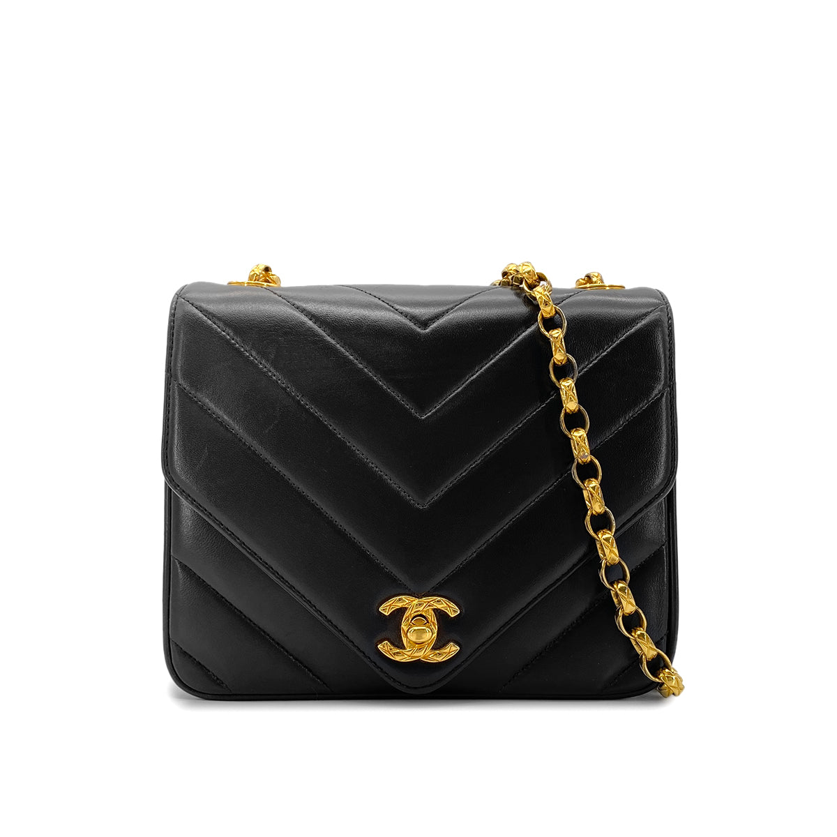 CHANEL VINTAGE CHEVRON BIJOU CHAIN SHOULDER BAG BLACK LAMB SKIN 90271718