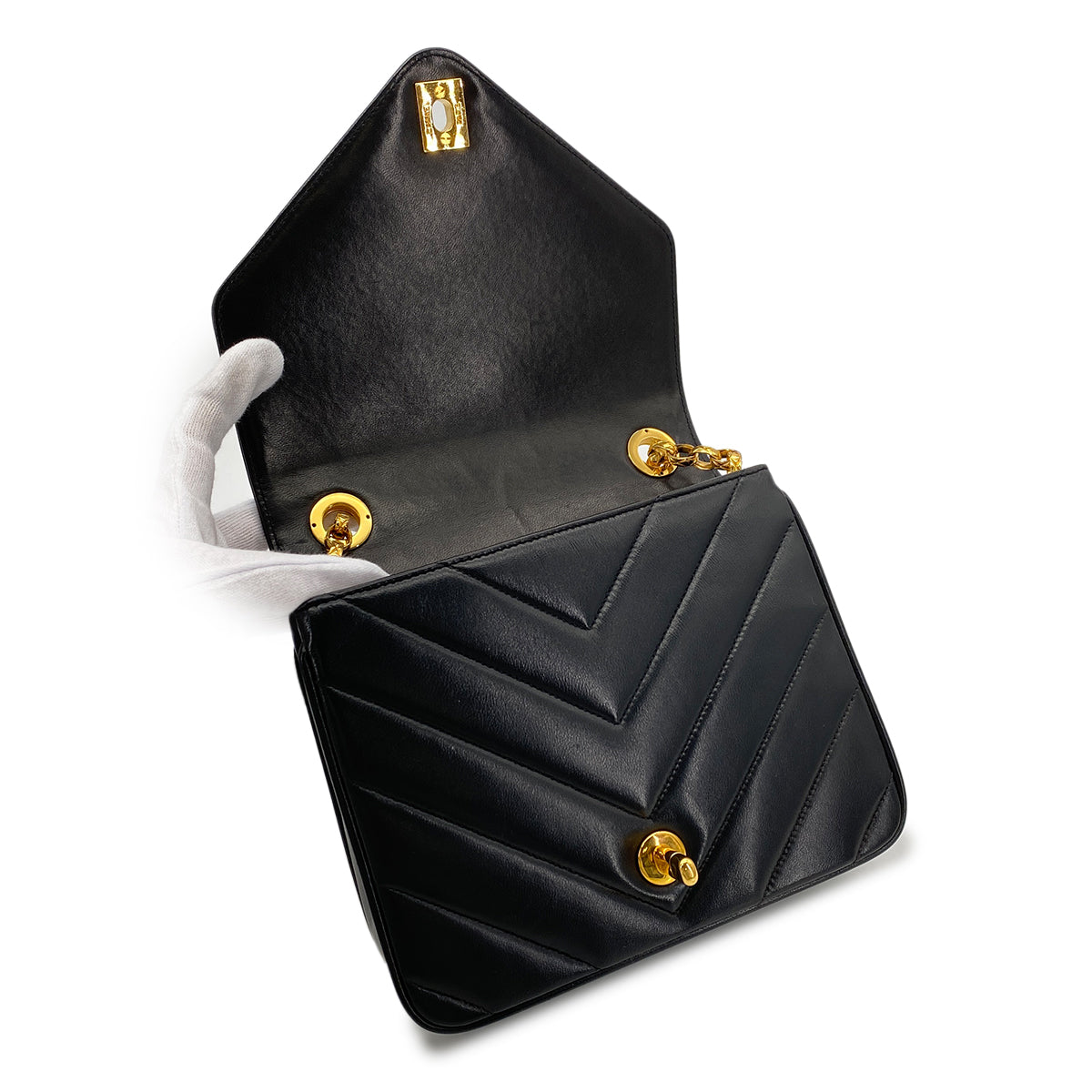 CHANEL VINTAGE CHEVRON BIJOU CHAIN SHOULDER BAG BLACK LAMB SKIN 90271718