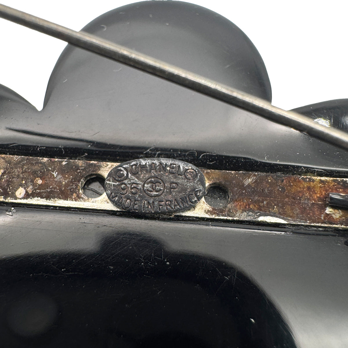 CHANEL VINTAGE COCOMARK BROOCH CAMELLIA BLACK ACCESSORY 96P 90271917