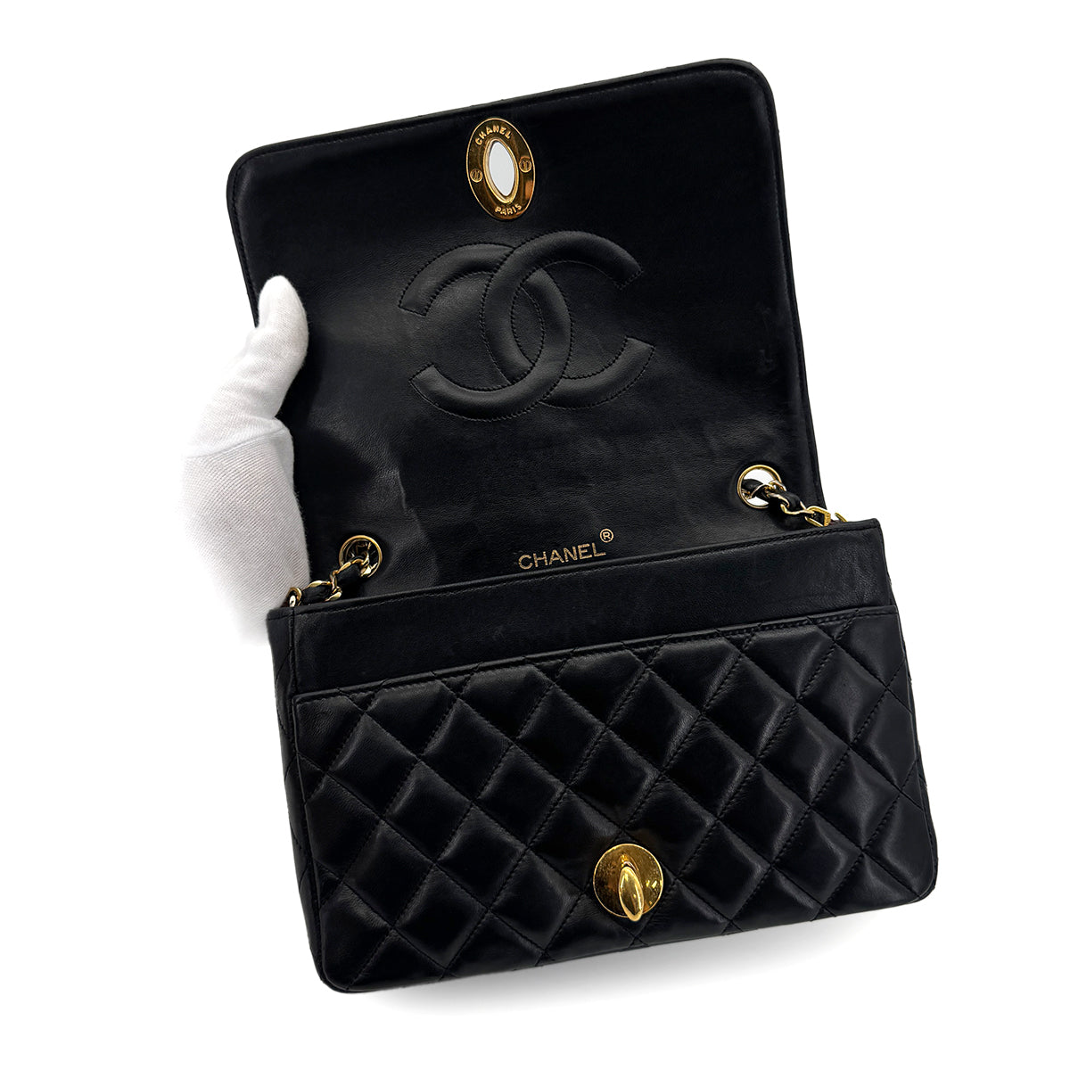CHANEL VINTAGE MATELASSE BIG COCO CHAIN SHOULDER BAG BLACK LAMB SKIN 90272800