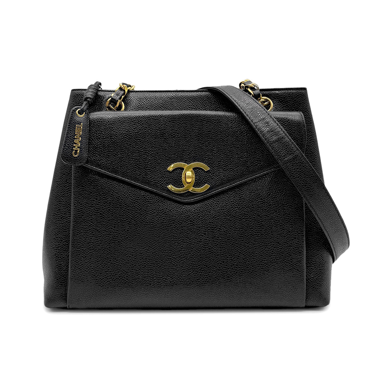 CHANEL VINTAGE CHAIN TOTE BAG BLACK CAVIAR SKIN 90272965