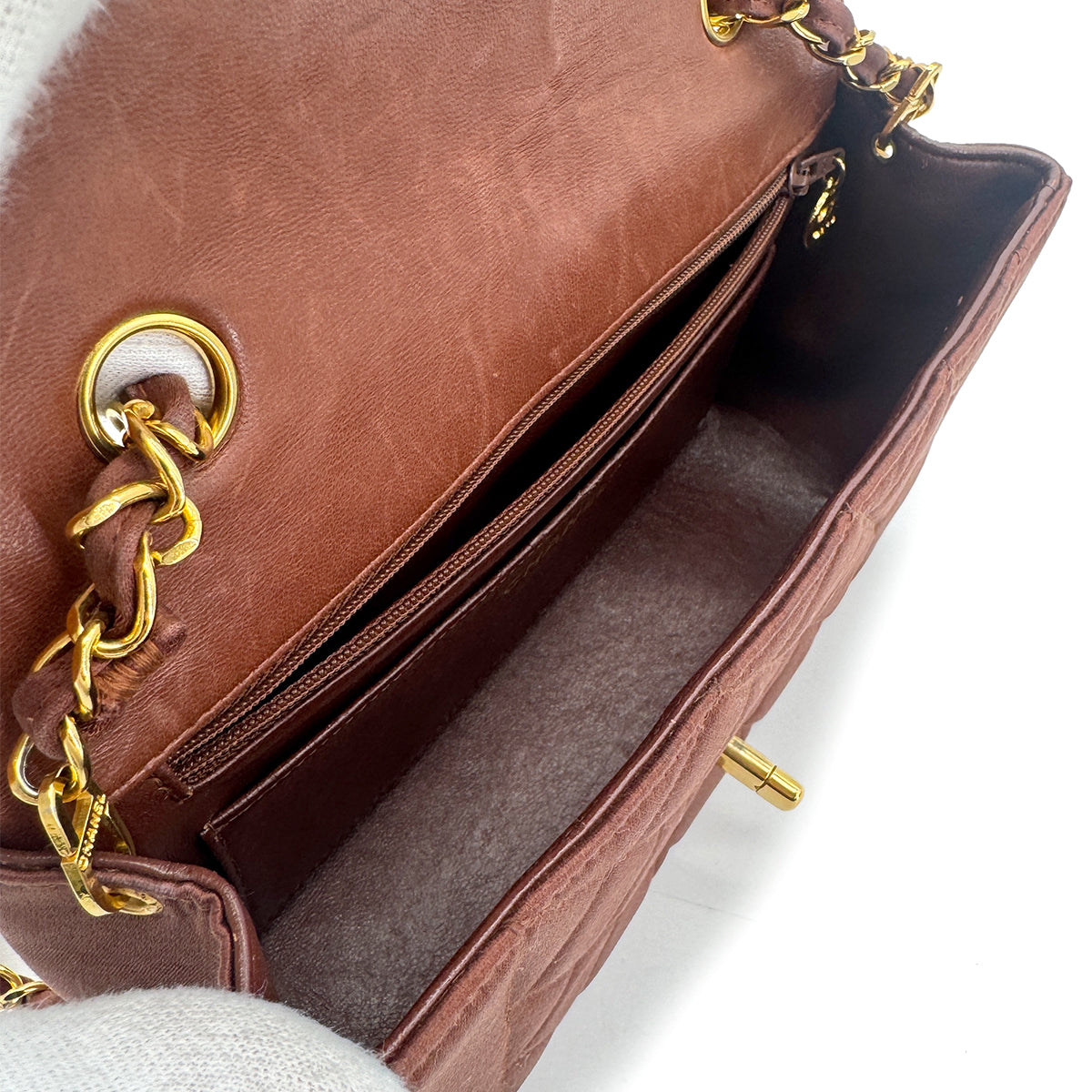 CHANEL VINTAGE DIANA SMALL CHAIN SHOULDER BAG BROWN SATIN 90272977