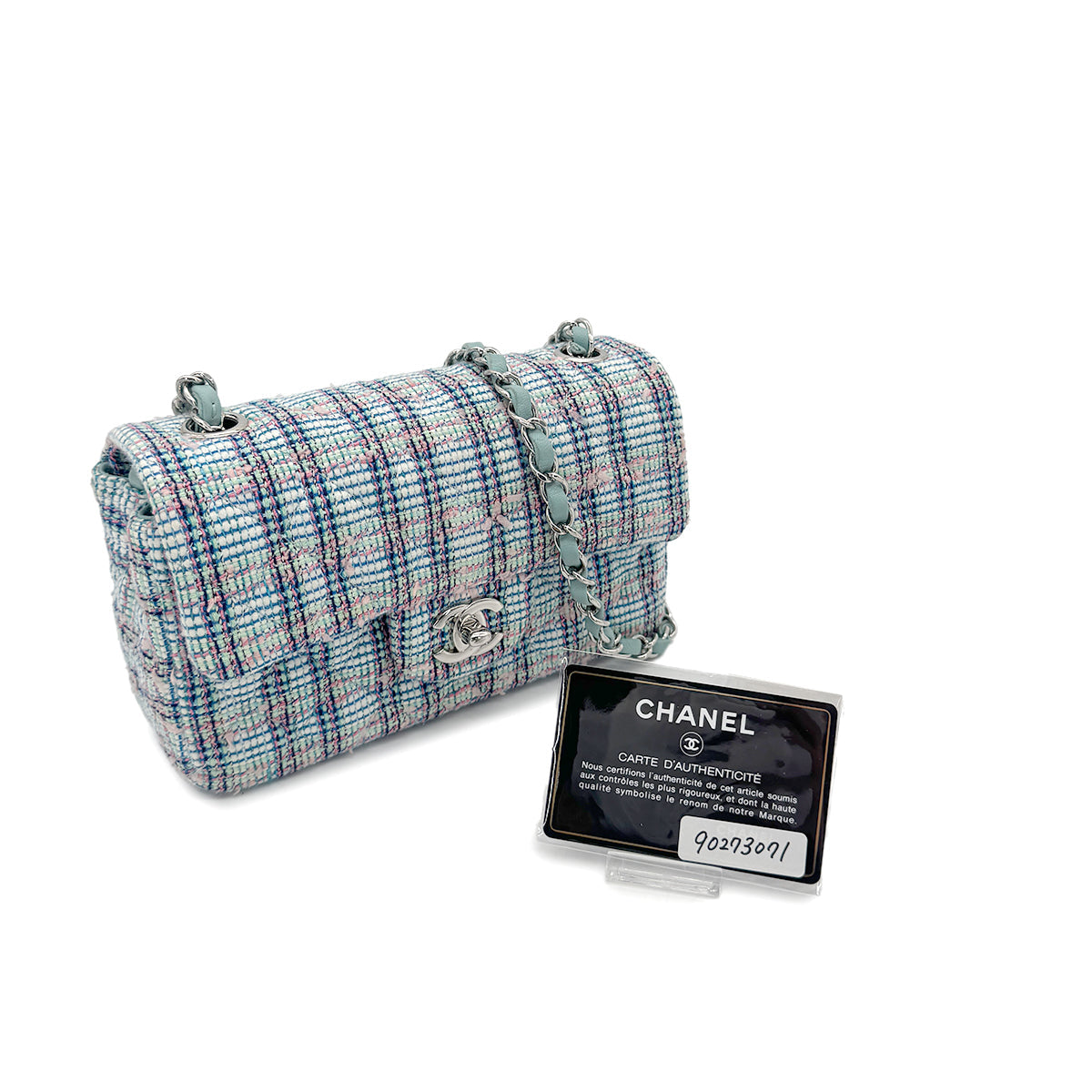 CHANEL MINI MATELASSE CHAIN SHOULDER BAG BLUE TWEED 90273071 - PURPOSE