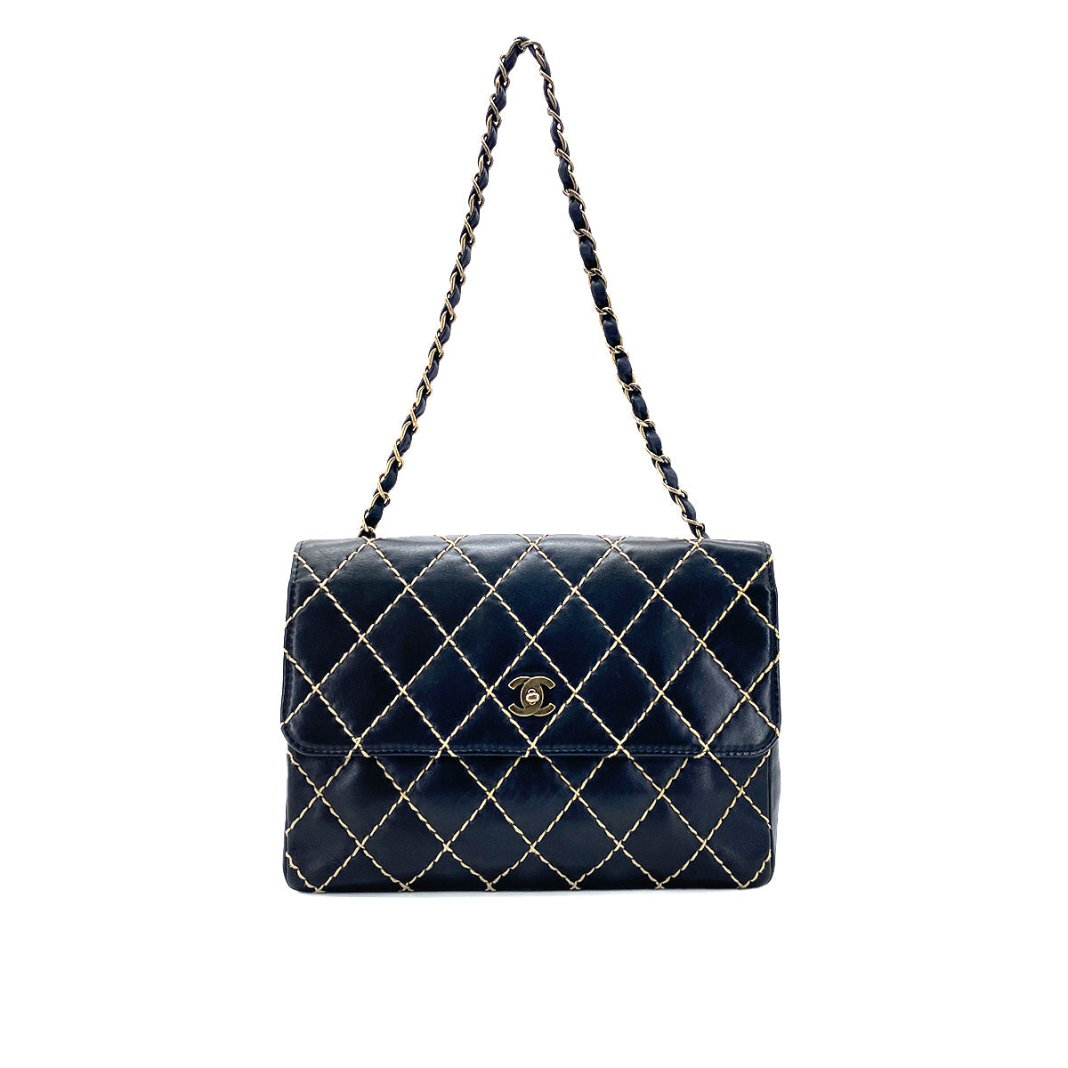 CHANEL VINTAGE WILD STITCH CHAIN SHOULDER BAG BLACK LEATHER 90273376