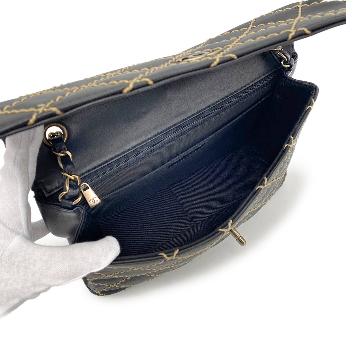 CHANEL VINTAGE WILD STITCH CHAIN SHOULDER BAG BLACK LEATHER 90273376