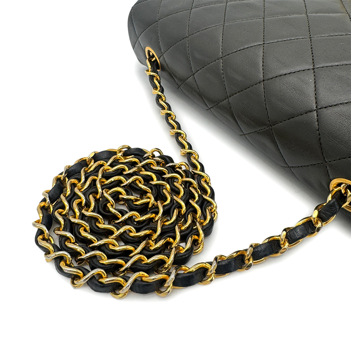 CHANEL VINTAGE FULL FLAP CHAIN SHOULDER BAG KHAKI LAMB SKIN 90273869