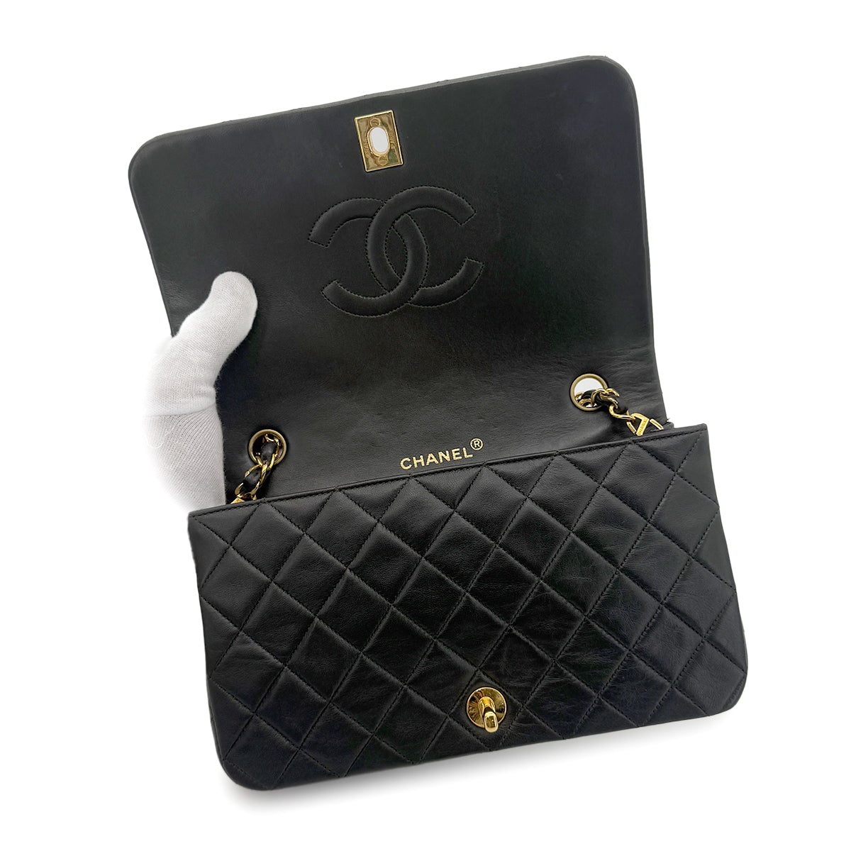 CHANEL VINTAGE FULL FLAP CHAIN SHOULDER BAG KHAKI LAMB SKIN 90273869