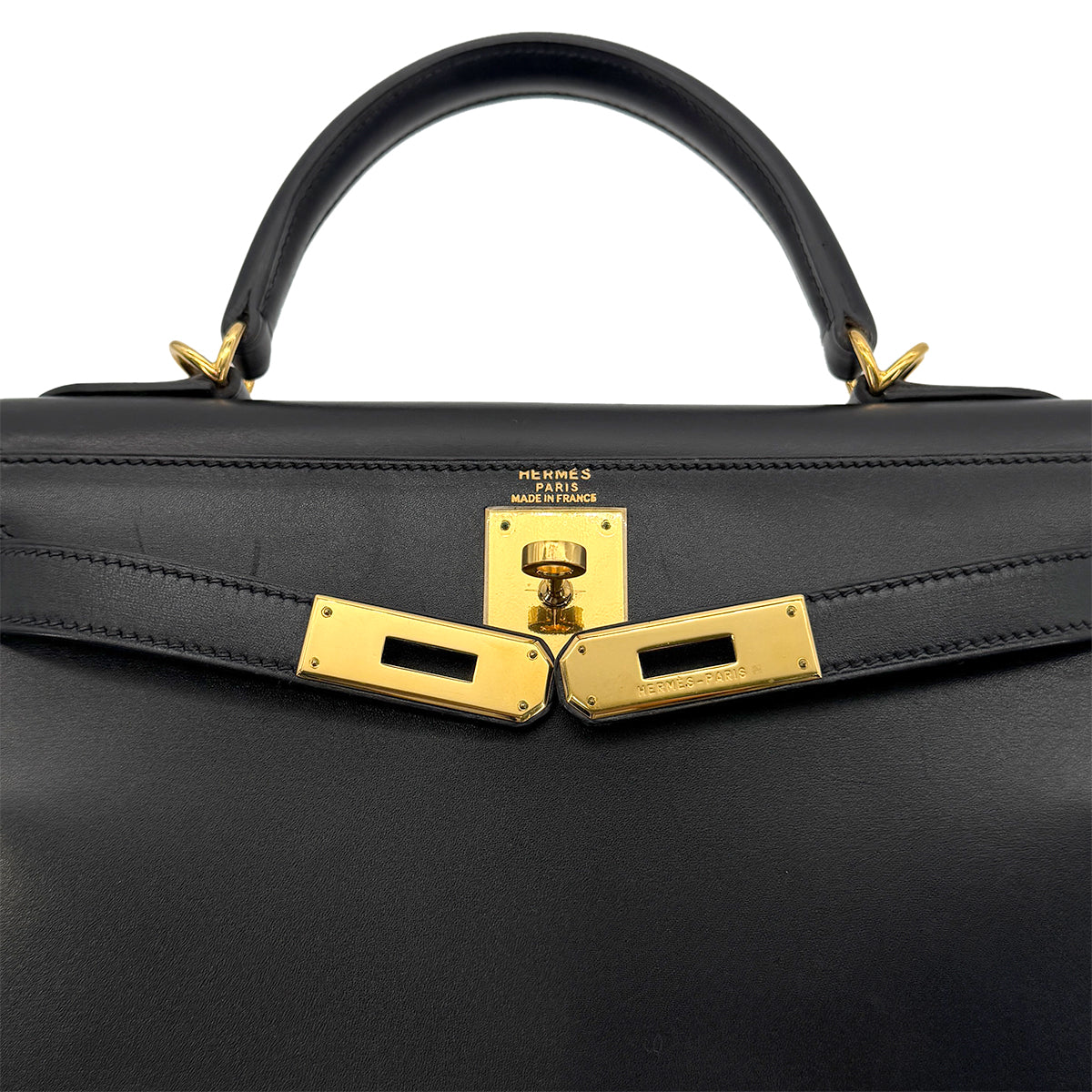 HERMES KELLY 28 SELLIER BLACK BOXCALF HAND SHOULDER BAG □D GHW 90273890