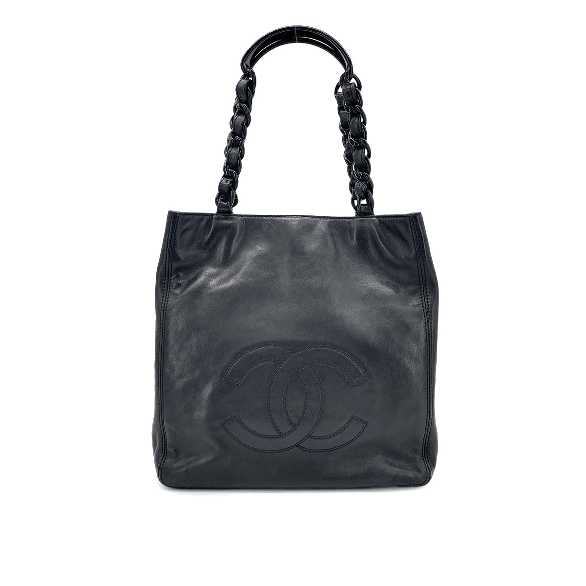 CHANEL VINTAGE COCOMARK PLASTIC CHAIN TOTE BAG BLACK LAMB SKIN 90274466