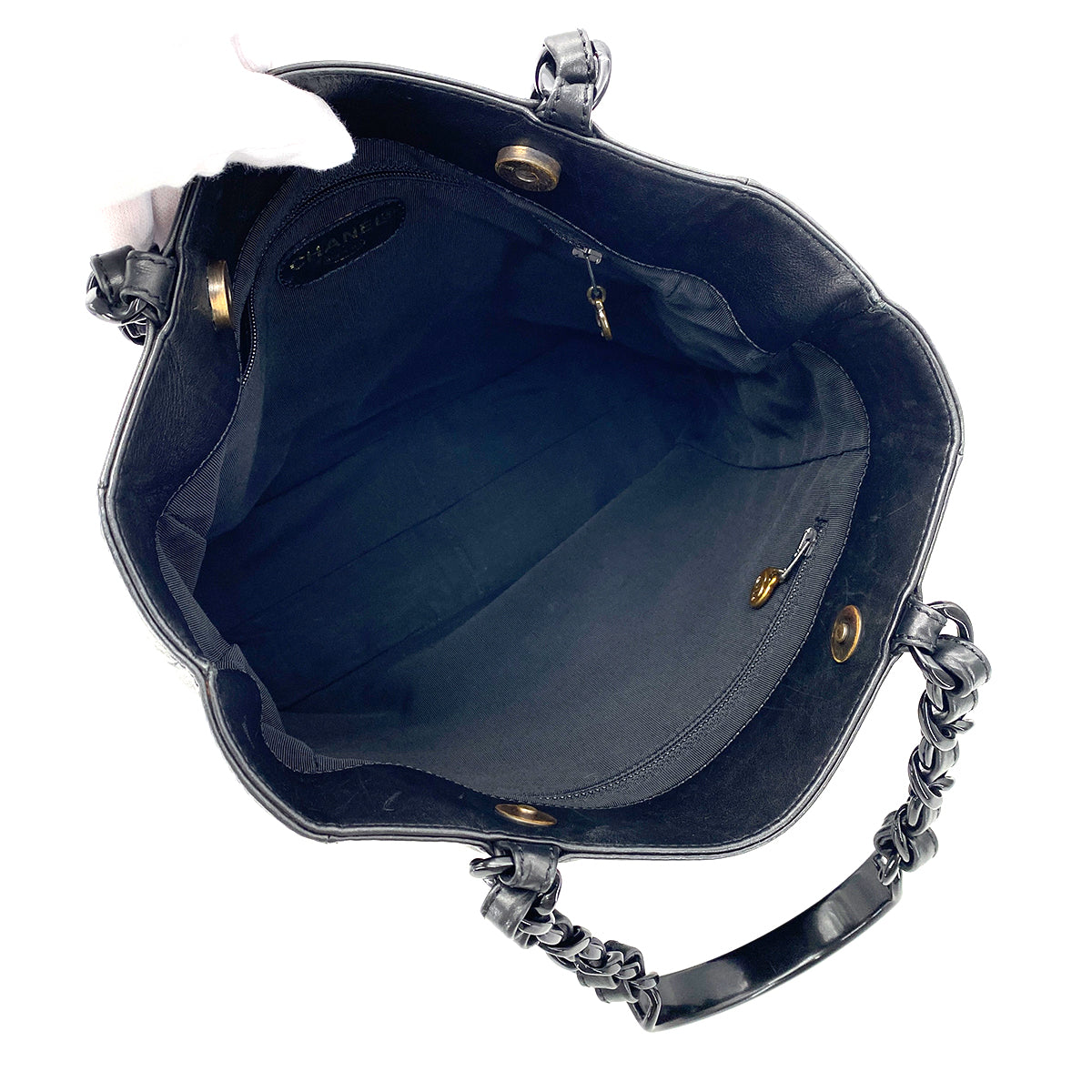 CHANEL VINTAGE COCOMARK PLASTIC CHAIN TOTE BAG BLACK LAMB SKIN 90274466