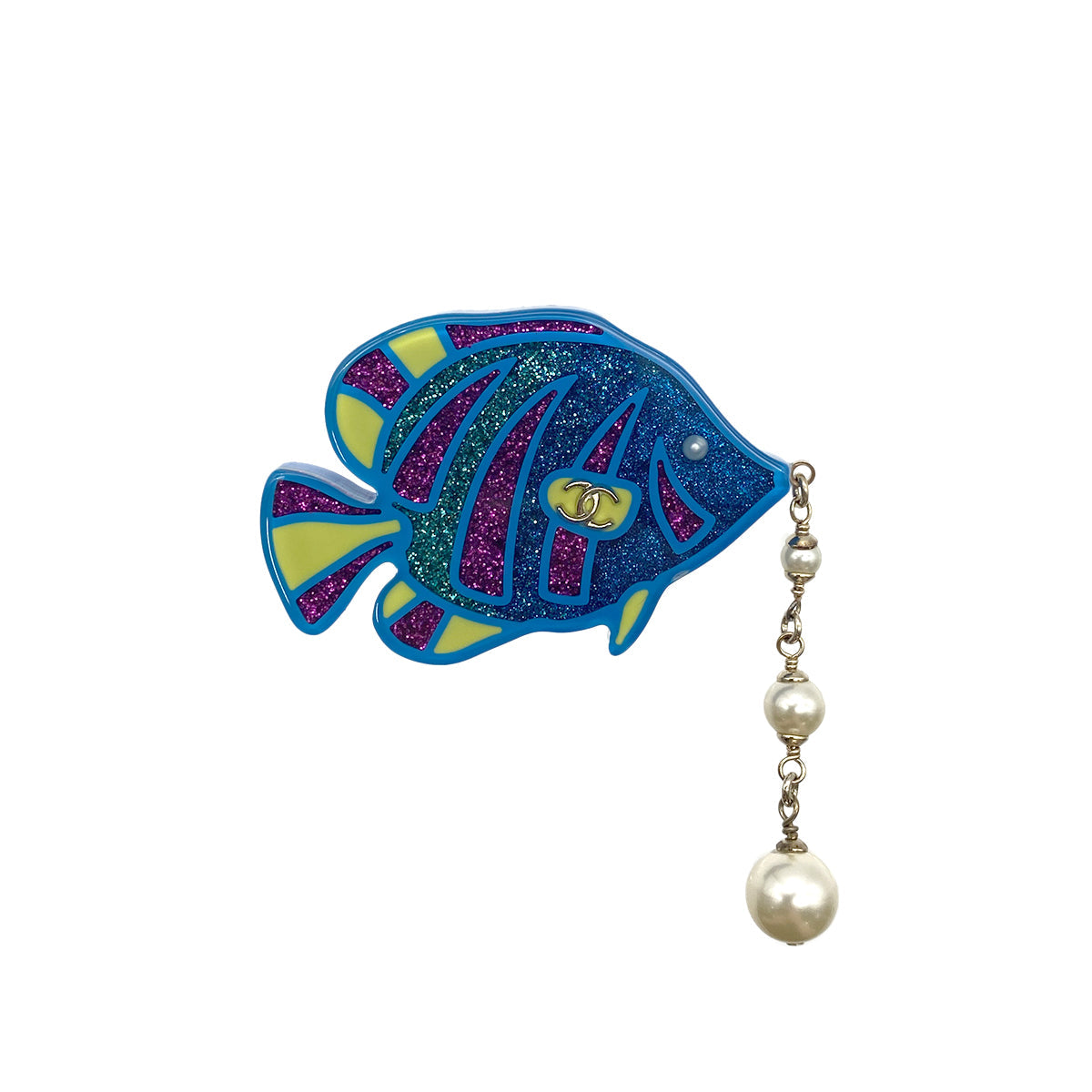 CHANEL COCOMARK BROOCH ANGEL FISH FAUX PEARL BLUE ACCESSORY D19S 90274886