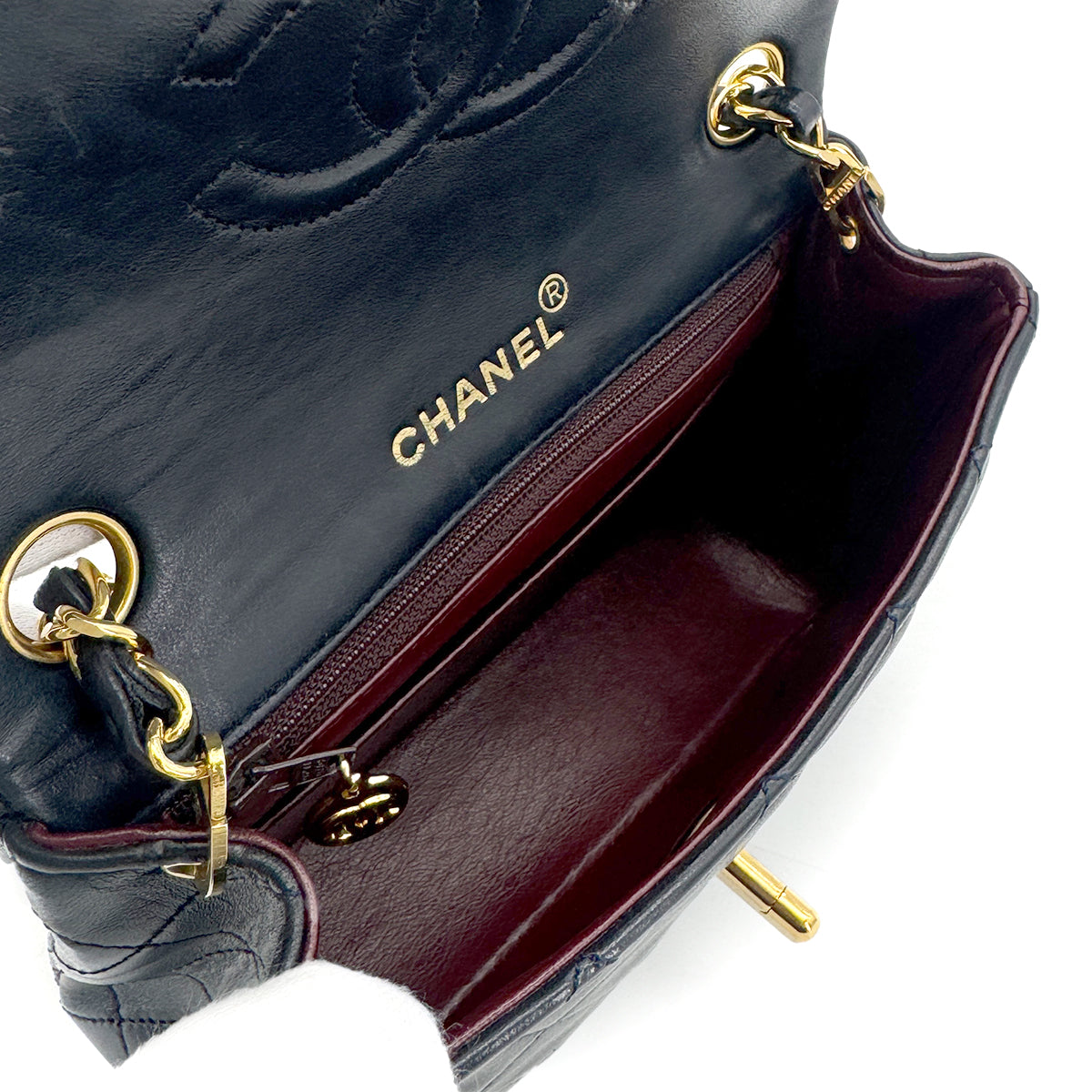 CHANEL VINTAGE MINI SQUARE 17 CHAIN SHOULDER BAG NAVY LAMB SKIN 90275025