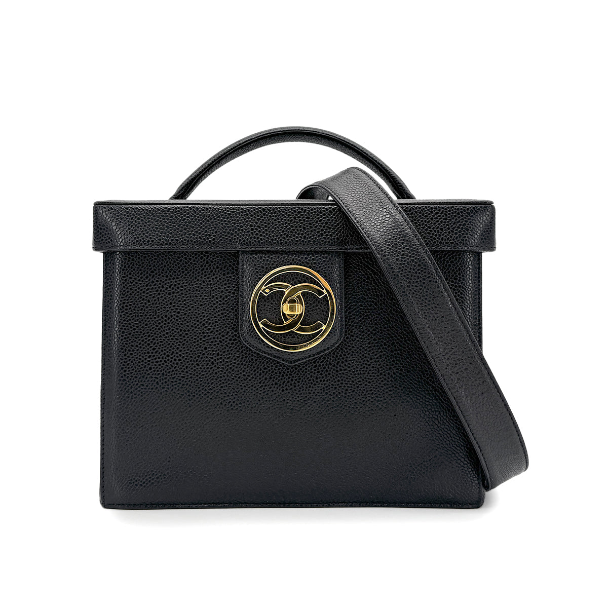 CHANEL VINTAGE TURN LOCK 2WAY VANITY HAND SHOULDER BAG BLACK CAVIAR SKIN 90276344