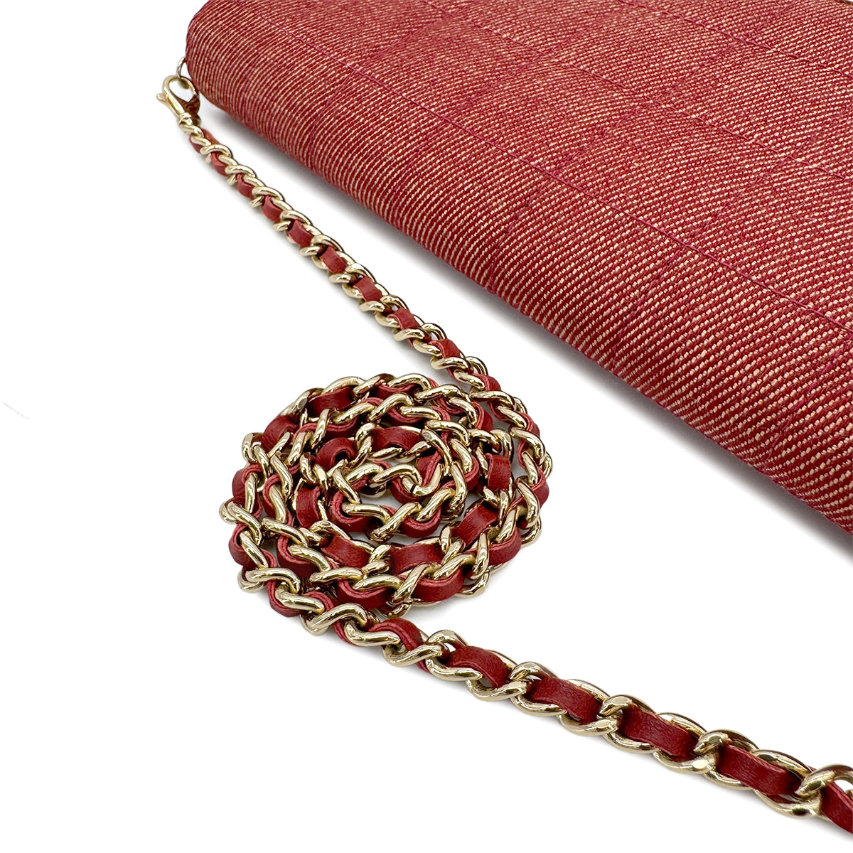 CHANEL VINTAGE CHOCOLATE BAR CHAIN SHOULDER BAG RED DENIM 90279008