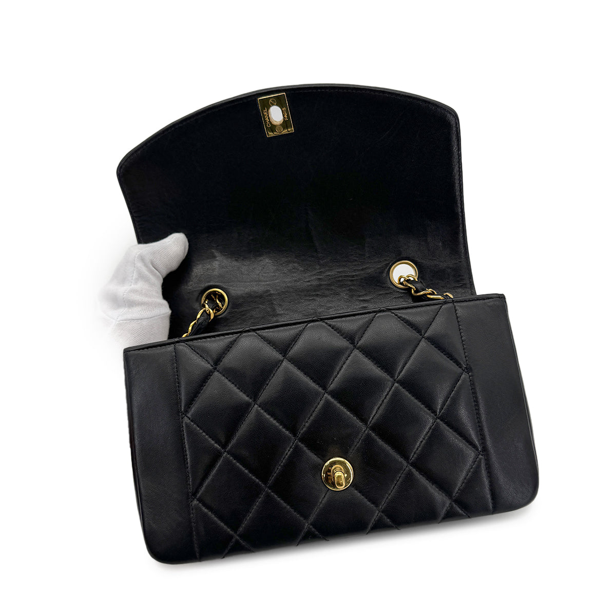 CHANEL VINTAGE DIANA SMALL CHAIN SHOULDER BAG BLACK LAMB SKIN 90279736