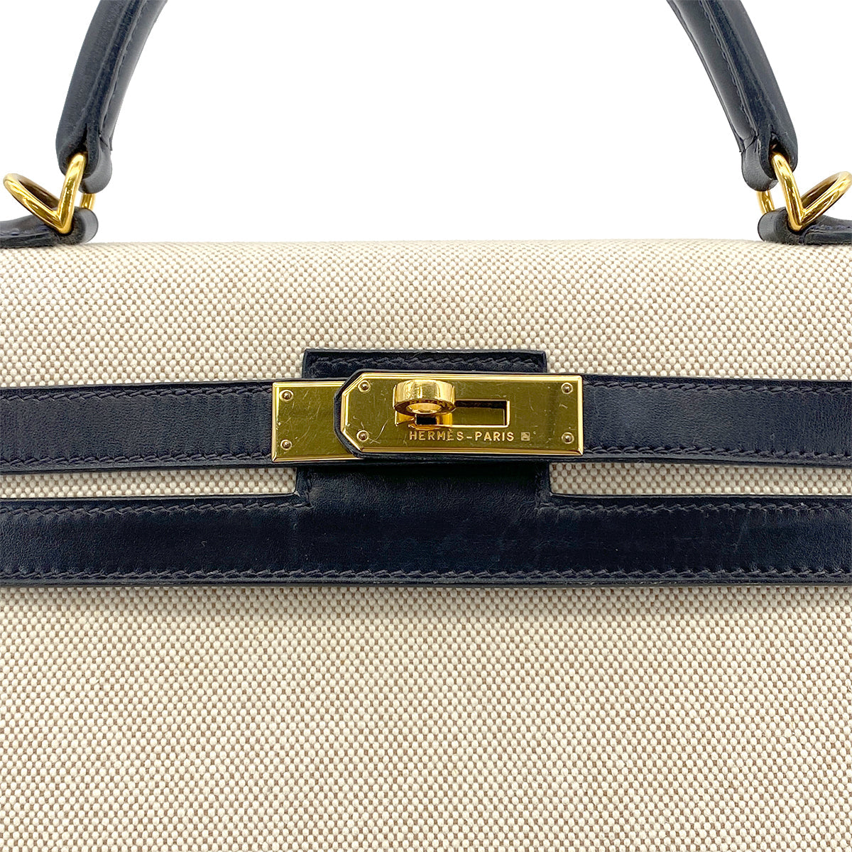 HERMES KELLY 32 BLUE INDIGO BOXCALF TOILE H HAND SHOULDER BAG □D GHW 90280294