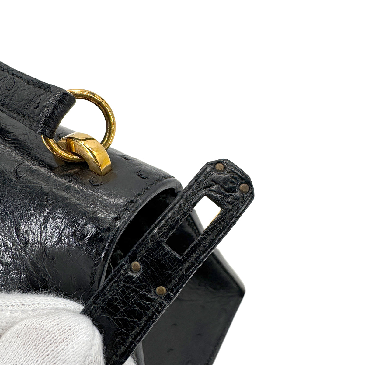 HERMES MINI KELLY 20 SELLIER BLACK OSTRICH SHOULDER BAG 〇P GHW 90280296