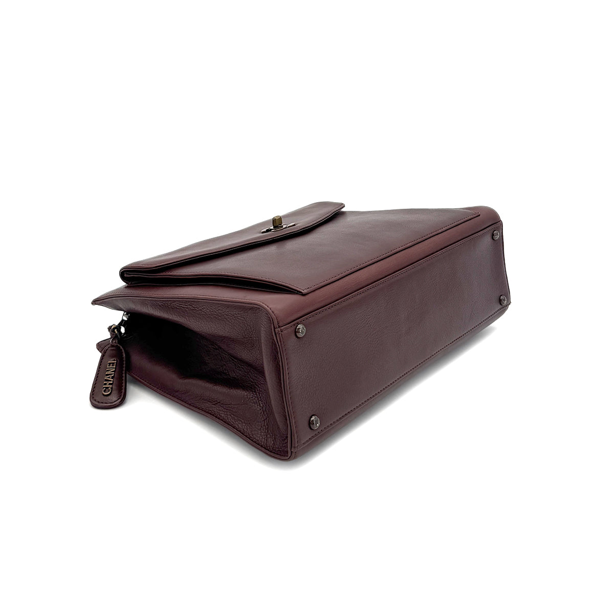 CHANEL VINTAGE TURN LOCK CHAIN TOTE BAG BROWN LEATHER 90281232