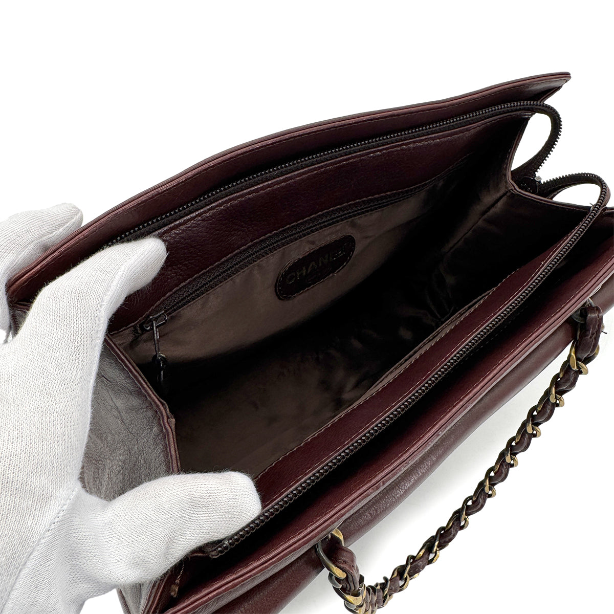 CHANEL VINTAGE TURN LOCK CHAIN TOTE BAG BROWN LEATHER 90281232