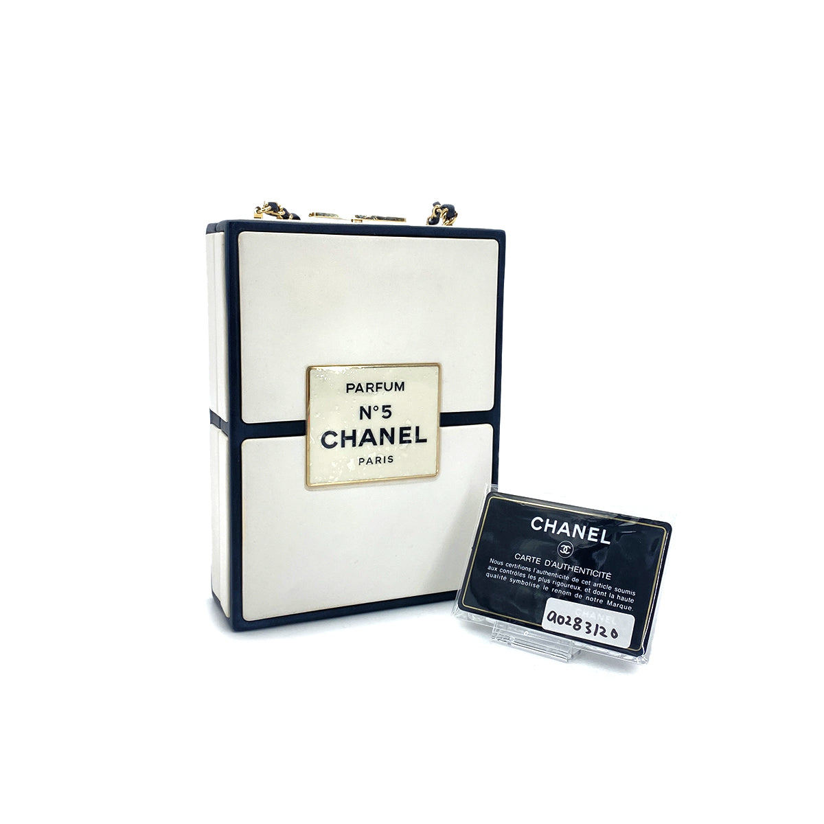 CHANEL N°5 PERFUME BOX CLUTCH CHAIN SHOULDER BAG BLACK WHITE LEATHER 90283120