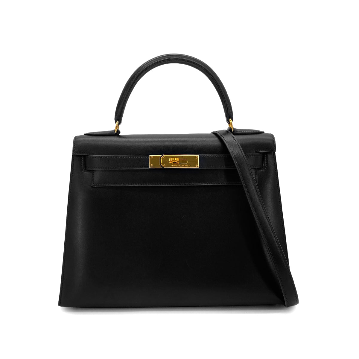 HERMES KELLY 28 SELLIER BLACK BOXCALF HAND SHOULDER BAG □A GHW 90283968