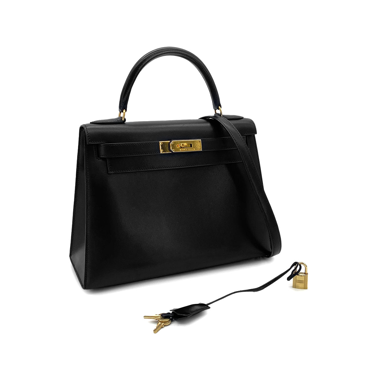 HERMES KELLY 28 SELLIER BLACK BOXCALF HAND SHOULDER BAG □A GHW 90283968
