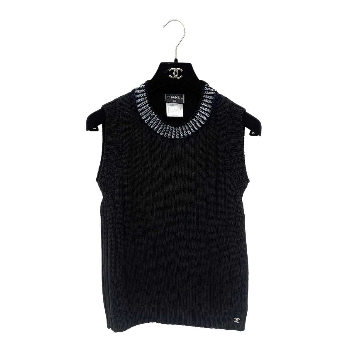 CHANEL VINTAGE COCOMARK TWIN KNIT SEQUINS CARDIGAN SLEEVELESS TOPS BLACK WOOL 38 99A RTW 90286925 - PURPOSE