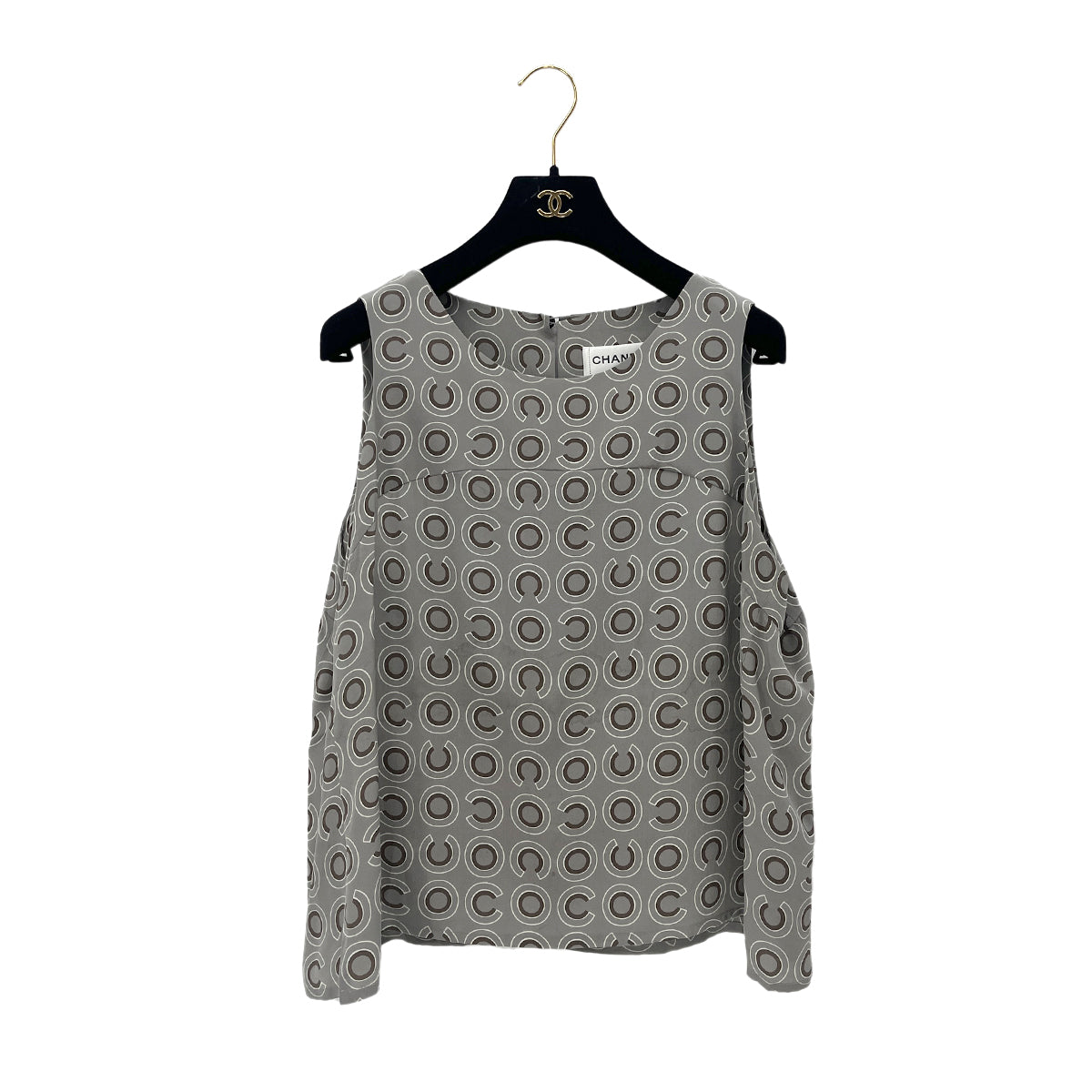 CHANEL COCO LOGO SLEEVELESS BLOUSE GRAY SILK 44 01A RTW 90288026 - PURPOSE