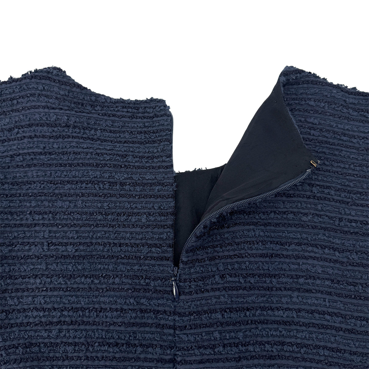 CHANEL TWEED COCO BUTTON SLEEVELESS ZIP DRESS NAVY WHITE COTTON 44 P49 RTW 90288030 - PURPOSE
