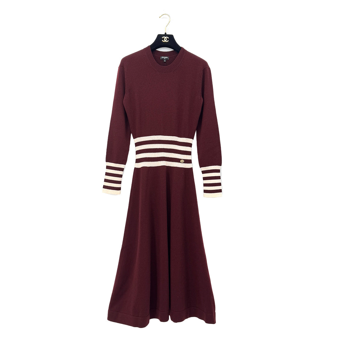 CHANEL COCO BUTTON LONG SLEEVE KNIT DRESS BURGUNDY CASHMERE 38 P55 RTW 90288041