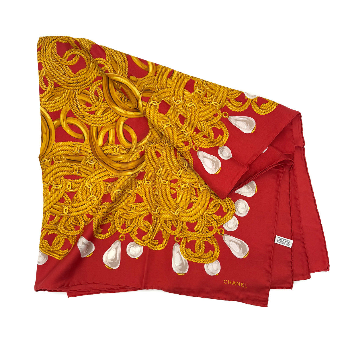 CHANEL VINTAGE COCOMARK PEARL CHAIN SCARF RED SILK 90288487