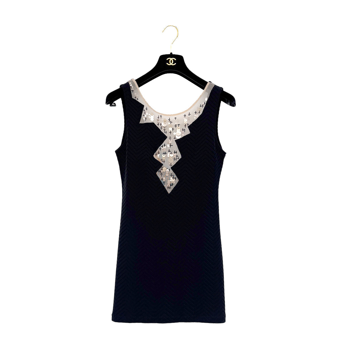 CHANEL VINTAGE COCOMARK CHEVRON SEQUINS SLEEVELESS DRESS BLACK NYLON 36 08C RTW 90288727 - PURPOSE
