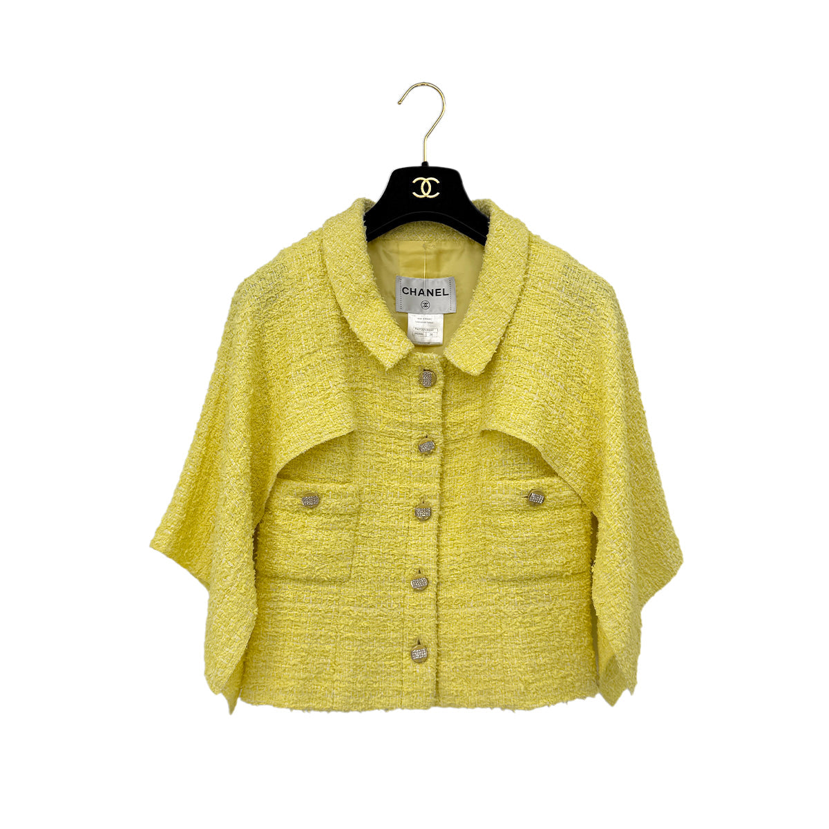 CHANEL TWEED JACKET SKIRT SET COCO BUTTON RHINESTONE YELLOW COTTON 36 P42 RTW 90288977 - PURPOSE
