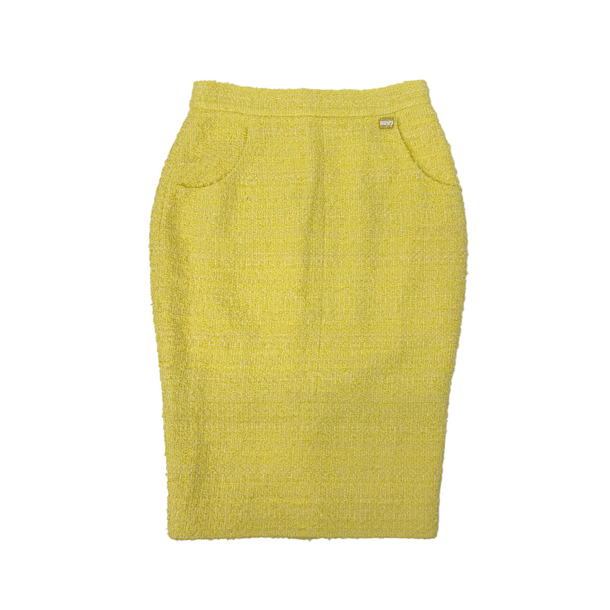 CHANEL TWEED JACKET SKIRT SET COCO BUTTON RHINESTONE YELLOW COTTON 36 P42 RTW 90288977 - PURPOSE