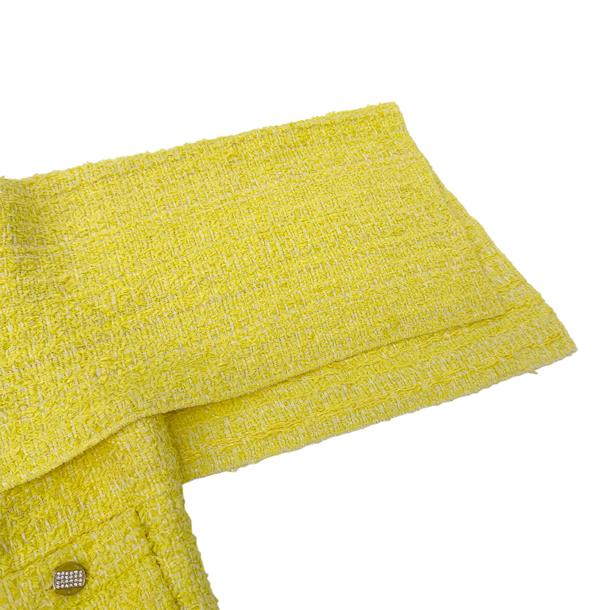 CHANEL TWEED JACKET SKIRT SET COCO BUTTON RHINESTONE YELLOW COTTON 36 P42 RTW 90288977 - PURPOSE